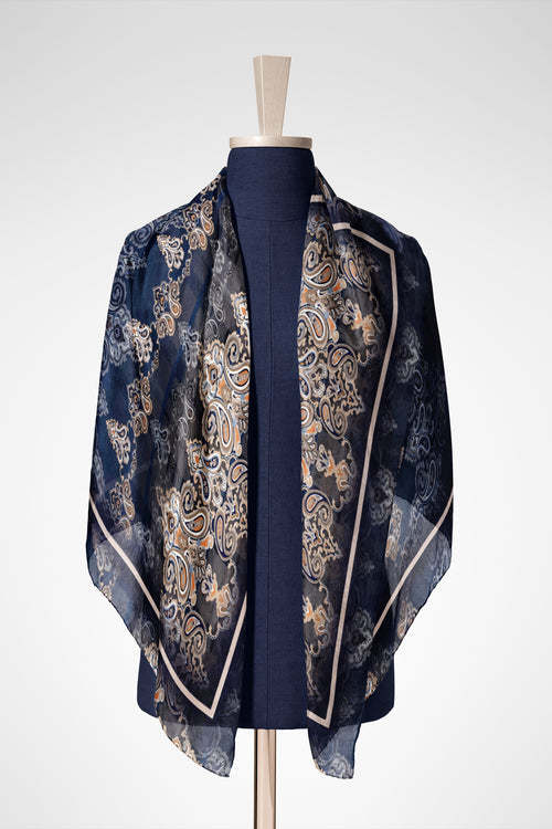 Gece Mavisi Paisley Pamuk İpek Şal S-607